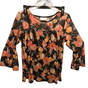 Bobbie Brooks Black and Orange Floral Bell Sleeve Blouse